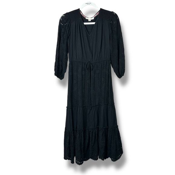 Nurture by Westbound Black V-Neck Eyelet Cotton Tie-Waist Midi Dress Small - Picture 1 of 5